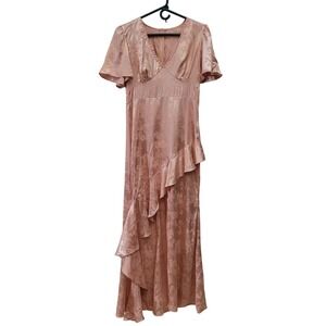 Women's Small Maxi Dress Pink Satin Floral Jacquard Ruffle High-Low V-Neck